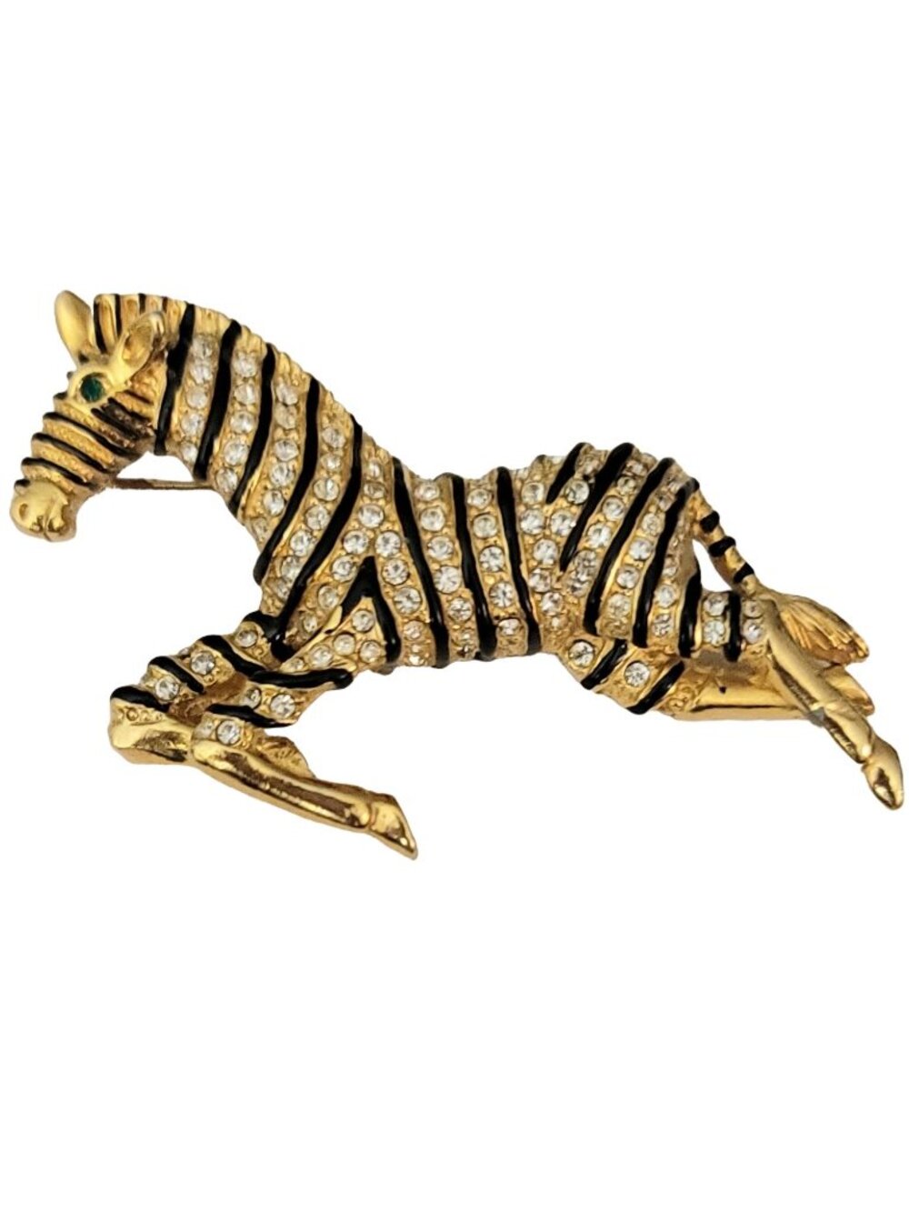 Gold Tone Clear Rhinestone Black Enamel Zebra Brooch, Numbered
